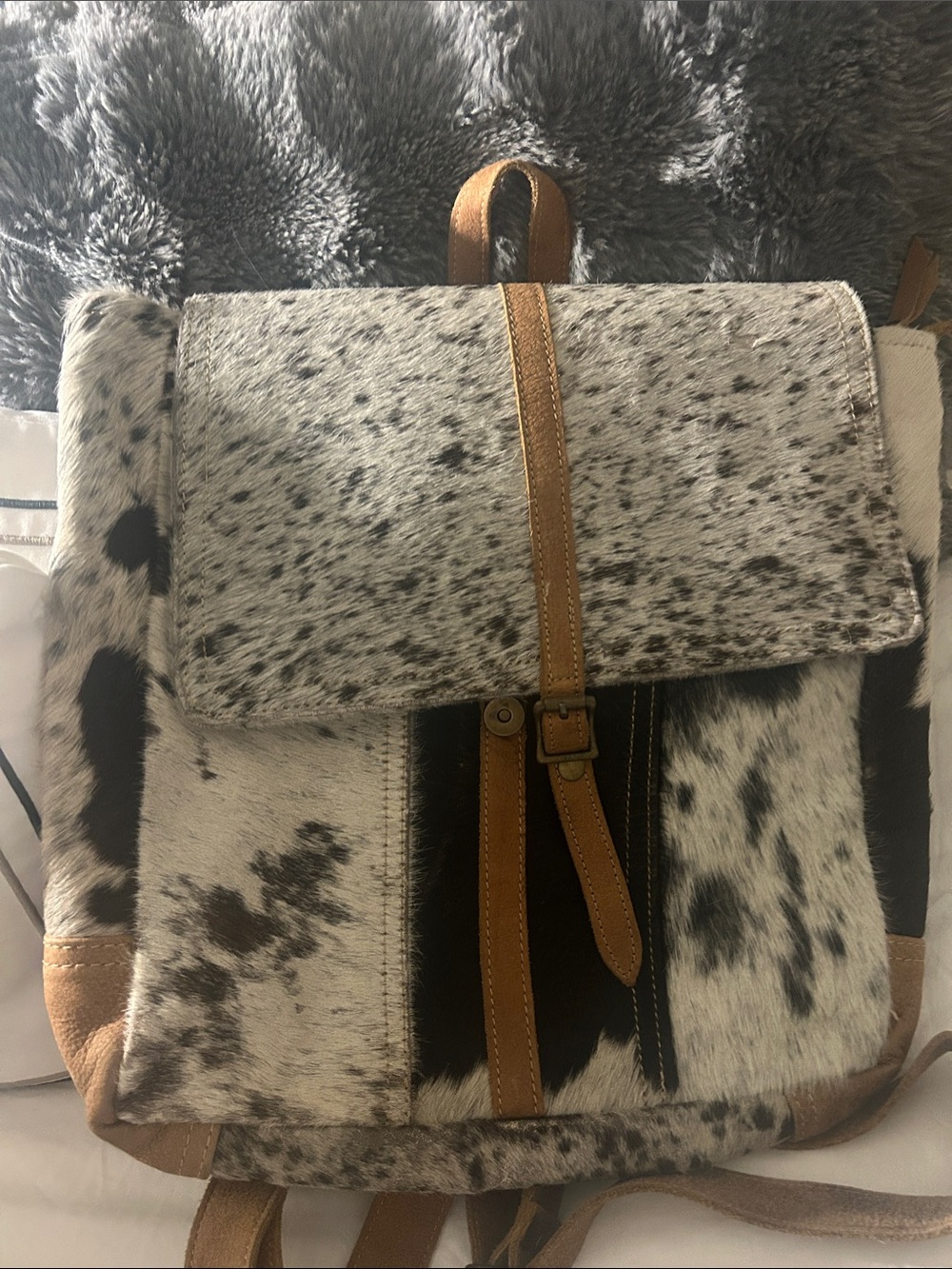 Speckled Cowhide Patchwork Backpack with Tan Leather Trim